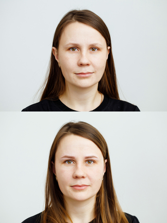 Photo comparison before and after permanent makeup, tattooing of eyebrows for woman in beauty salonの写真素材