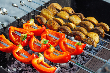 Barbecue skewers with grilled bell peppers and champignon mushroom kebab in a brazierの写真素材