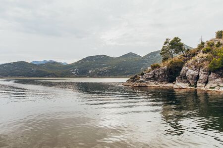 Nature views of Lake Skadar in Montenegro. Green mountains panorama