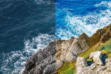 Photo before and after the image editing process. Coastline sea rocks with clear blue waterの写真素材