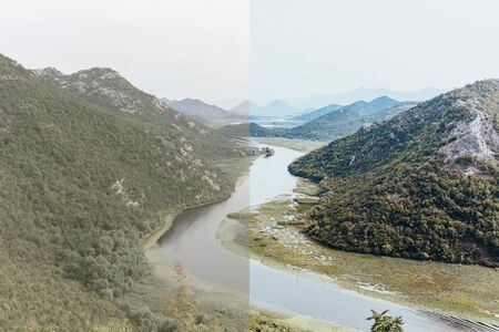 Nature views of Lake Skadar in Montenegro. Green mountains panorama