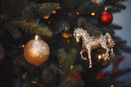 Defocused or blurred christmas tree lights background bokehの写真素材