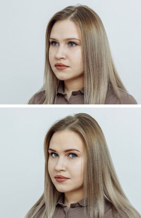 Photo comparison before and after permanent makeup, tattooing of eyebrows for woman in beauty salonの写真素材