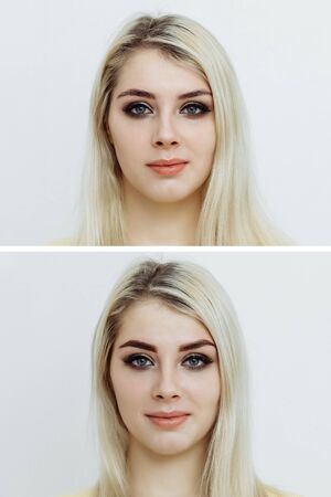 Photo comparison before and after permanent makeup, tattooing of eyebrows for woman in beauty salonの写真素材