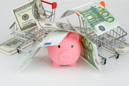 Pink piggy money box in pile of dollar and euro banknotes on gray backgroundの写真素材