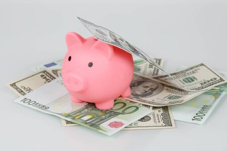 Pink piggy money box on pile of dollar and euro banknotes on gray backgroundの写真素材