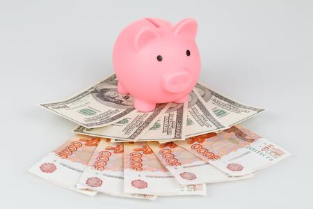 Pink piggy money box on pile of roubles and dollars, financial crisis conceptの写真素材