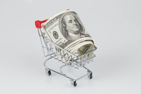 Mini shopping cart with 100 dollar banknotes inside, financial crisis conceptの写真素材