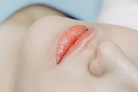 Lips after permanent makeup in beauty salon, macro viewの写真素材