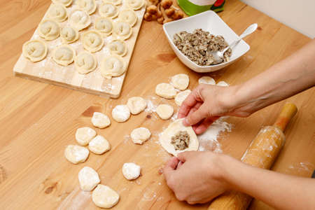 Process of making ravioli, pelmeni or dumplings with mushrooms on wooden tableの写真素材