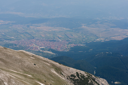 panoramic view Bansko town from Vihren Peak,  Pirin Mountain, Bulgariaの写真素材