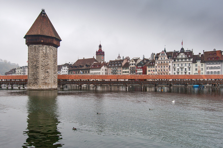 Chapel Bridge and Reuss River, Lucerne, Switzerlandの写真素材