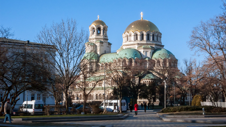 SOFIA, BULGARIA - DECEMBER 20 2016: National Assembly and Alexander Nevsky Cathedral in city of Sofia, Bulgariaのeditorial素材