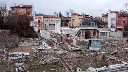 PLOVDIV, BULGARIA - DECEMBER 30 2016:  Ruins of Roman Odeon in city of Plovdiv, Bulgaria