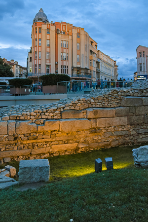 PLOVDIV, BULGARIA - JUNE 9 2017:  :  Night photo of Walking street and Ancient Roman ruins in city of Plovdiv, Bulgariaのeditorial素材