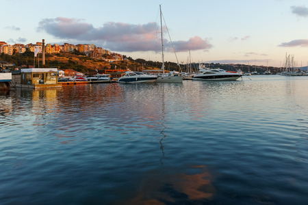 SOZOPOL, BULGARIA - JULY 13, 2016: Sunset view of Port of Sozopol town, Burgas Region, Bulgariaのeditorial素材