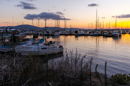 SOZOPOL, BULGARIA - JULY 13, 2016: Sunset view of Port of Sozopol town, Burgas Region, Bulgariaのeditorial素材