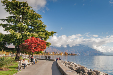 VEVEY, SWITZERLAND - 29 OCTOBER 2015 : Landscape of Embankment in Vevey, canton of Vaud, Switzerlandのeditorial素材