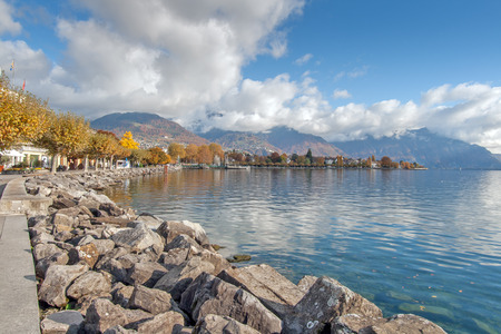 VEVEY, SWITZERLAND - 29 OCTOBER 2015 : Landscape of Embankment in Vevey, canton of Vaud, Switzerlandのeditorial素材