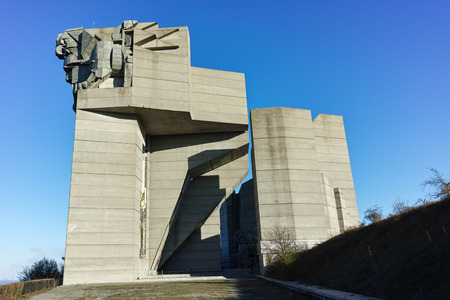 SHUMEN, BULGARIA - APRIL 10, 2017:   Founders of the Bulgarian State Monument near Town of Shumen, Bulgariaのeditorial素材