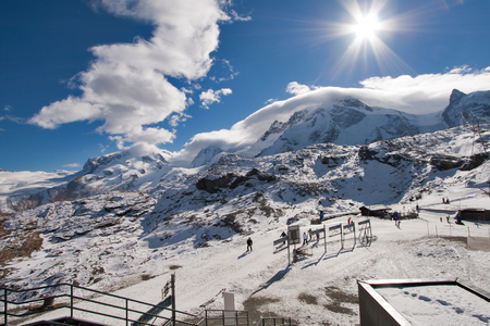MATTERHORN GLACIER PARADISE, SWITZERLAND - OCTOBER 27, 2015: Winter view of Matterhorn Glacier Paradise near Matterhorn Peak, Alps, Switzerlandのeditorial素材