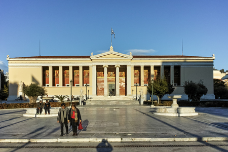 ATHENS, GREECE - JANUARY 19 2017:  Sunset view of University of Athens, Attica, Greeceのeditorial素材