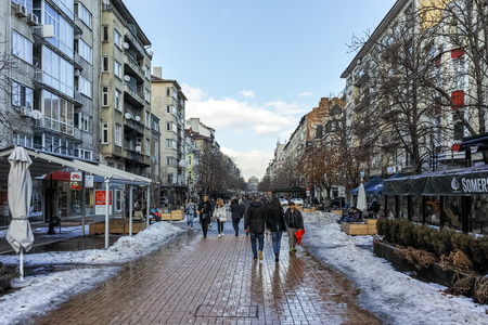 SOFIA, BULGARIA - FEBRUARY 5, 2017: Walking people on Boulevard Vitosha in Winter in city of Sofia, Bulgariaのeditorial素材