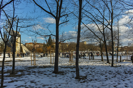 SOFIA, BULGARIA - FEBRUARY 5, 2017: Winter view of park in front of  National Palace of Culture in Sofia, Bulgariaのeditorial素材
