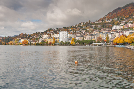 MONTREUX, SWITZERLAND -OCTOBER 29, 2015 : Autumn Panoramic view of Montreux and Lake Geneva, canton of Vaud, Switzerlandのeditorial素材