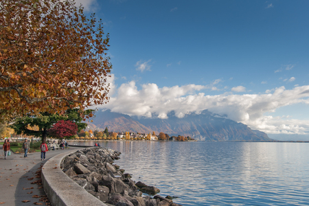 VEVEY, SWITZERLAND -OCTOBER 29, 2015: Panoramic view of Vevey and Lake Geneva, Switzerlandのeditorial素材