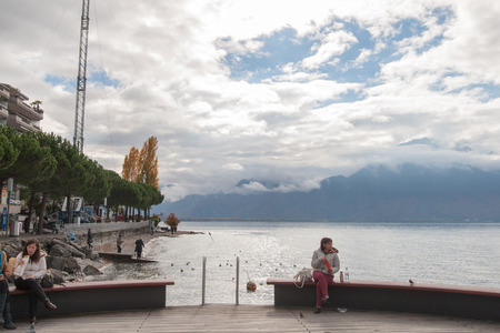 VEVEY, SWITZERLAND -OCTOBER 29, 2015: Panoramic view of Vevey and Lake Geneva, Switzerlandのeditorial素材