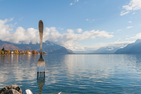 VEVEY, SWITZERLAND -OCTOBER 29, 2015: Panoramic view of Vevey and Lake Geneva, Switzerlandのeditorial素材