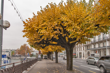 GENEVA, SWITZERLAND - OCTOBER 30, 2015: Panorama of embankment of city of Geneva, Switzerlandのeditorial素材