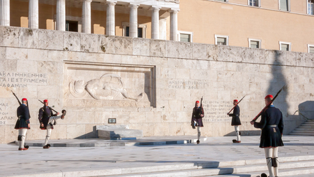 ATHENS, GREECE - JANUARY 19, 2017:  Evzones - presidential ceremonial guards in the Tomb of the Unknown Soldier at the Greek Parliament, Athens, Greeceのeditorial素材