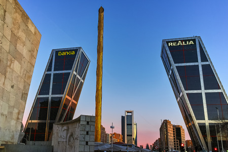 MADRID, SPAIN - JANUARY 23, 2018:  Sunrise view of Gate of Europe (KIO Towers) at Paseo de la Castellana street in City of Madrid, Spainのeditorial素材