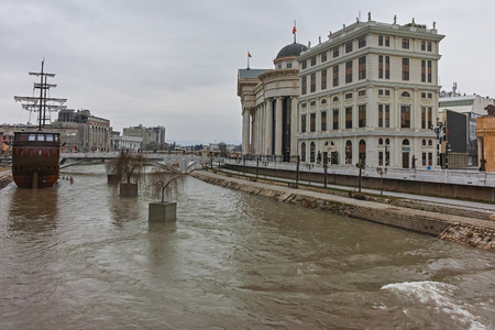 SKOPJE, REPUBLIC OF MACEDONIA - FEBRUARY 24, 2018: River Vardar passing through City of Skopje center, Republic of Macedoniaのeditorial素材