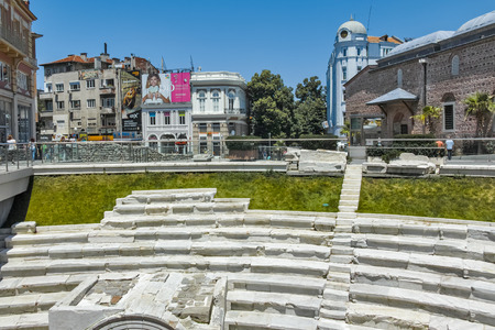 PLOVDIV, BULGARIA - JUNE 10, 2017:   Dzhumaya Mosque and Roman stadium in city of Plovdiv, Bulgariaのeditorial素材