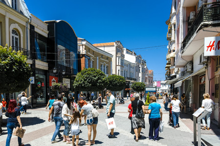 PLOVDIV, BULGARIA - JUNE 10, 2017:   Panorama of Knyaz Alexander I street in city of Plovdiv, Bulgariaのeditorial素材