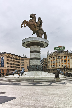 SKOPJE, REPUBLIC OF MACEDONIA - FEBRUARY 24, 2018:  Skopje City Center and Alexander the Great Monument, Macedoniaのeditorial素材