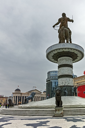 SKOPJE, REPUBLIC OF MACEDONIA - FEBRUARY 24, 2018:  Skopje City Center and Alexander the Great Monument, Macedoniaのeditorial素材