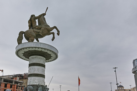 SKOPJE, REPUBLIC OF MACEDONIA - FEBRUARY 24, 2018:  Skopje City Center and Alexander the Great Monument, Macedoniaのeditorial素材