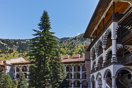 RILA MONASTERY, BULGARIA - APRIL 21, 2018: Inside view of Monastery of Saint Ivan (John) of Rila (Rila Monastery), Kyustendil Region, Bulgariaのeditorial素材