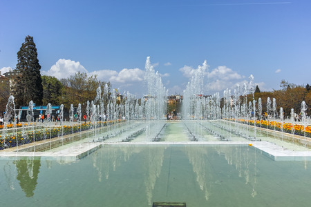 SOFIA, BULGARIA -APRIL 14, 2018: Fountain in front of  National Palace of Culture in Sofia, Bulgaria