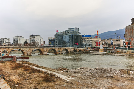 SKOPJE, REPUBLIC OF MACEDONIA - FEBRUARY 24, 2018:  Skopje City Center, Old Stone Bridge and Vardar River, Republic of Macedoniaのeditorial素材