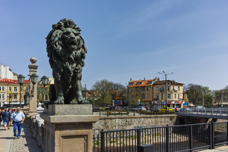 SOFIA, BULGARIA - APRIL 13, 2018: Lion sculpture at Lion's Bridge over Vladaya river, Sofia, Bulgariaのeditorial素材