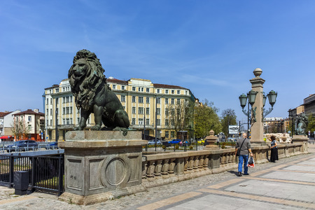 SOFIA, BULGARIA - APRIL 13, 2018: Lion sculpture at Lion's Bridge over Vladaya river, Sofia, Bulgariaのeditorial素材