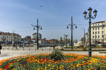 BULGARIA - APRIL 13, 2018: Flower Garden at Lion's Bridge over Vladaya river, Sofia, Bulgariaのeditorial素材