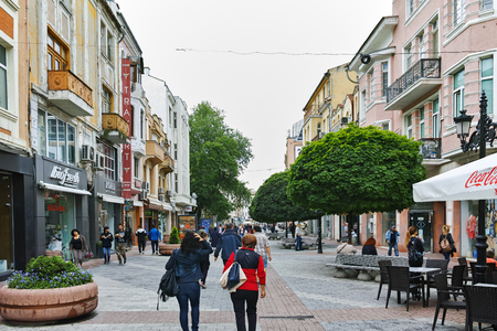 PLOVDIV, BULGARIA - MAY 7, 2018:  Walking people at central street in city of Plovdiv, Bulgariaのeditorial素材