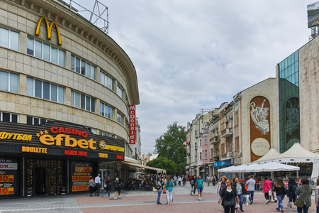 PLOVDIV, BULGARIA - MAY 7, 2018:  Walking people at central street in city of Plovdiv, Bulgariaのeditorial素材