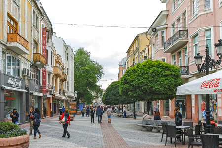 PLOVDIV, BULGARIA - MAY 7, 2018:  Walking people at central street in city of Plovdiv, Bulgariaのeditorial素材
